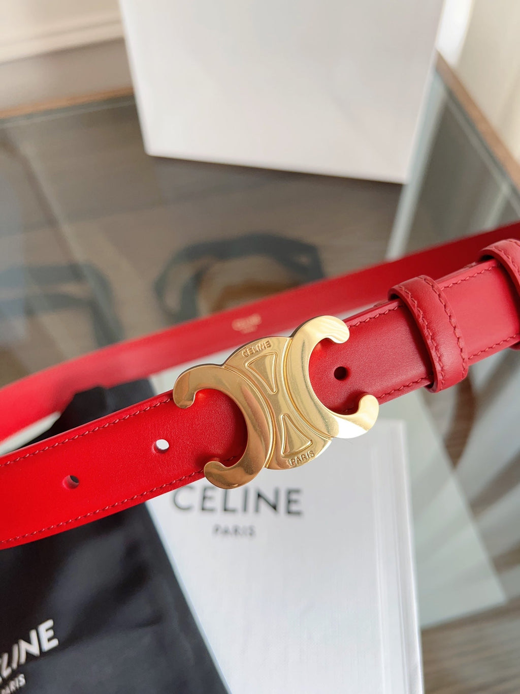 TRIOMPHE BELT 24MM IN RED CALFSKIN WITH GOLD BUCKLE