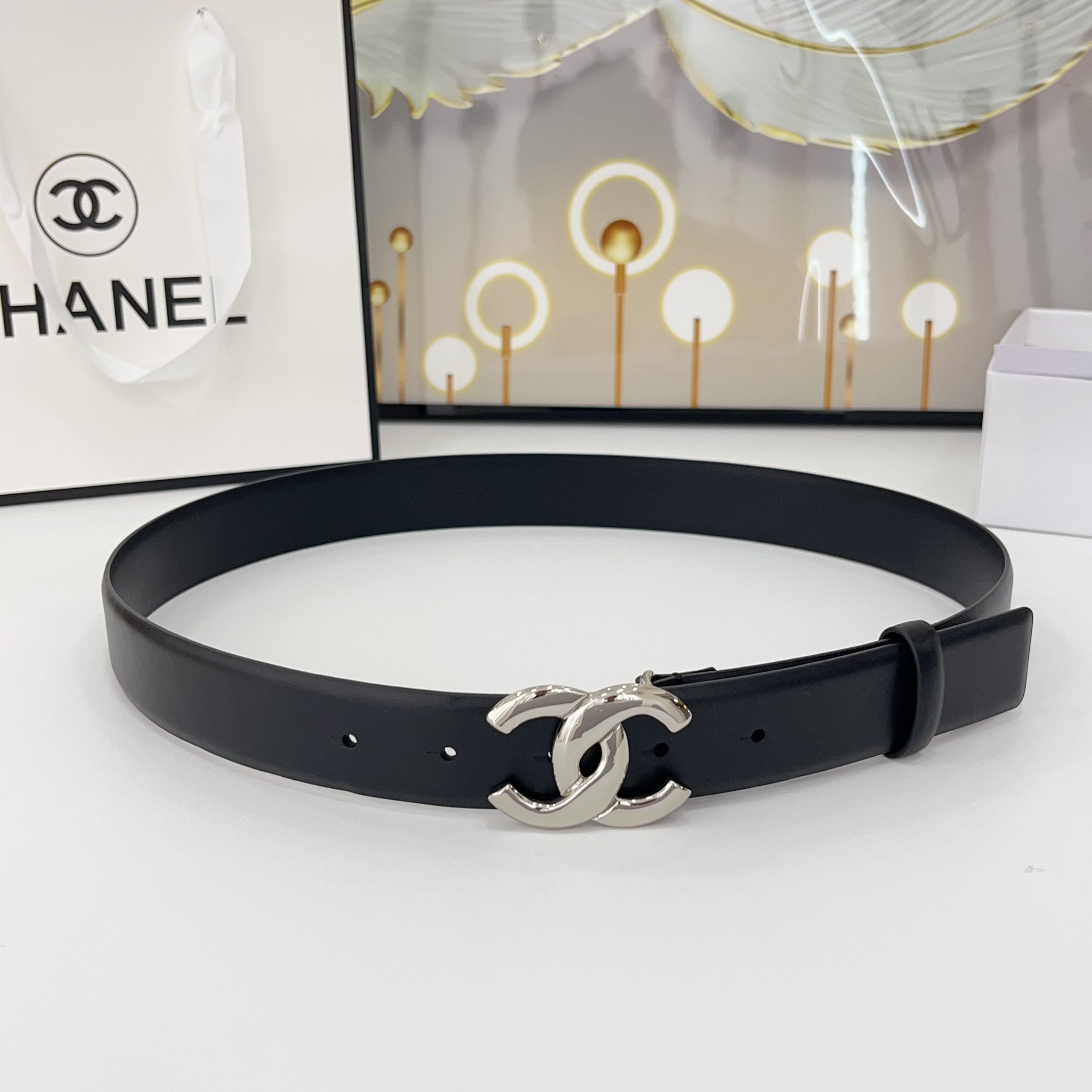DOUBLE C BELT 30MM IN BLACK CALFSKIN WITH SHINY SILVER BUCKLE