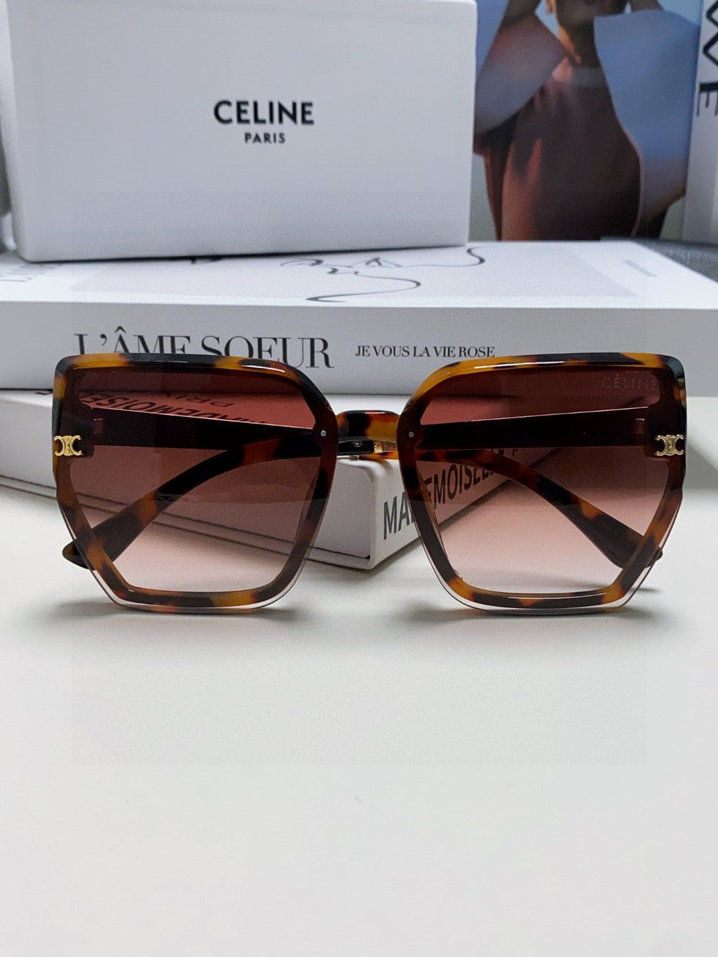 TRIOMPHE SUNGLASS 497830 IN HAVANA ACETATE EMBOSSED LOGO