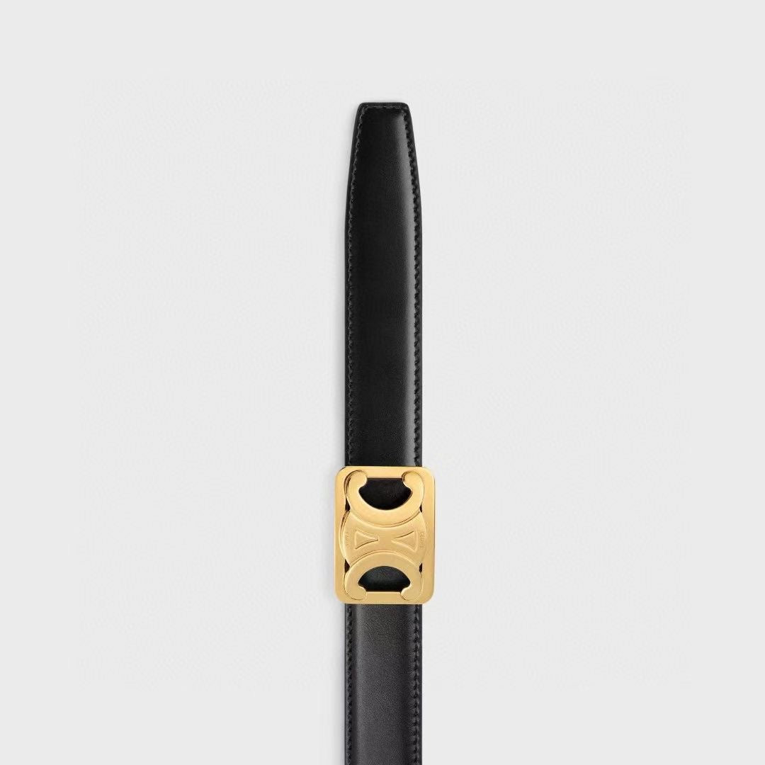CL MEDIUM 25 MM REVERSIBLE FRAMED TRIOMPHE BELT BLACK AND BRONZE BROWN CALFSKIN GOLD HARDWARE