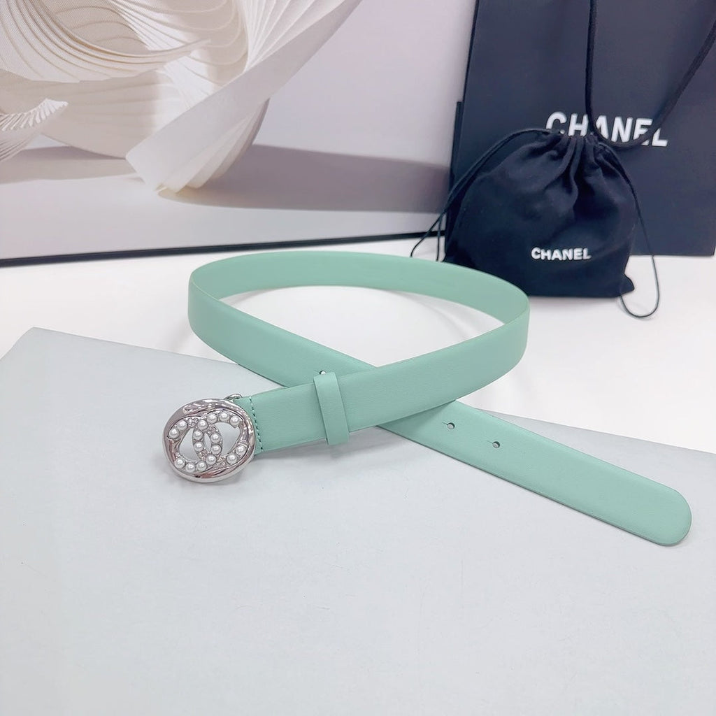 CC 30MM BELT IN GREEN MINT CALFSKIN SILVER HARDWARE ATTACH PEARLS