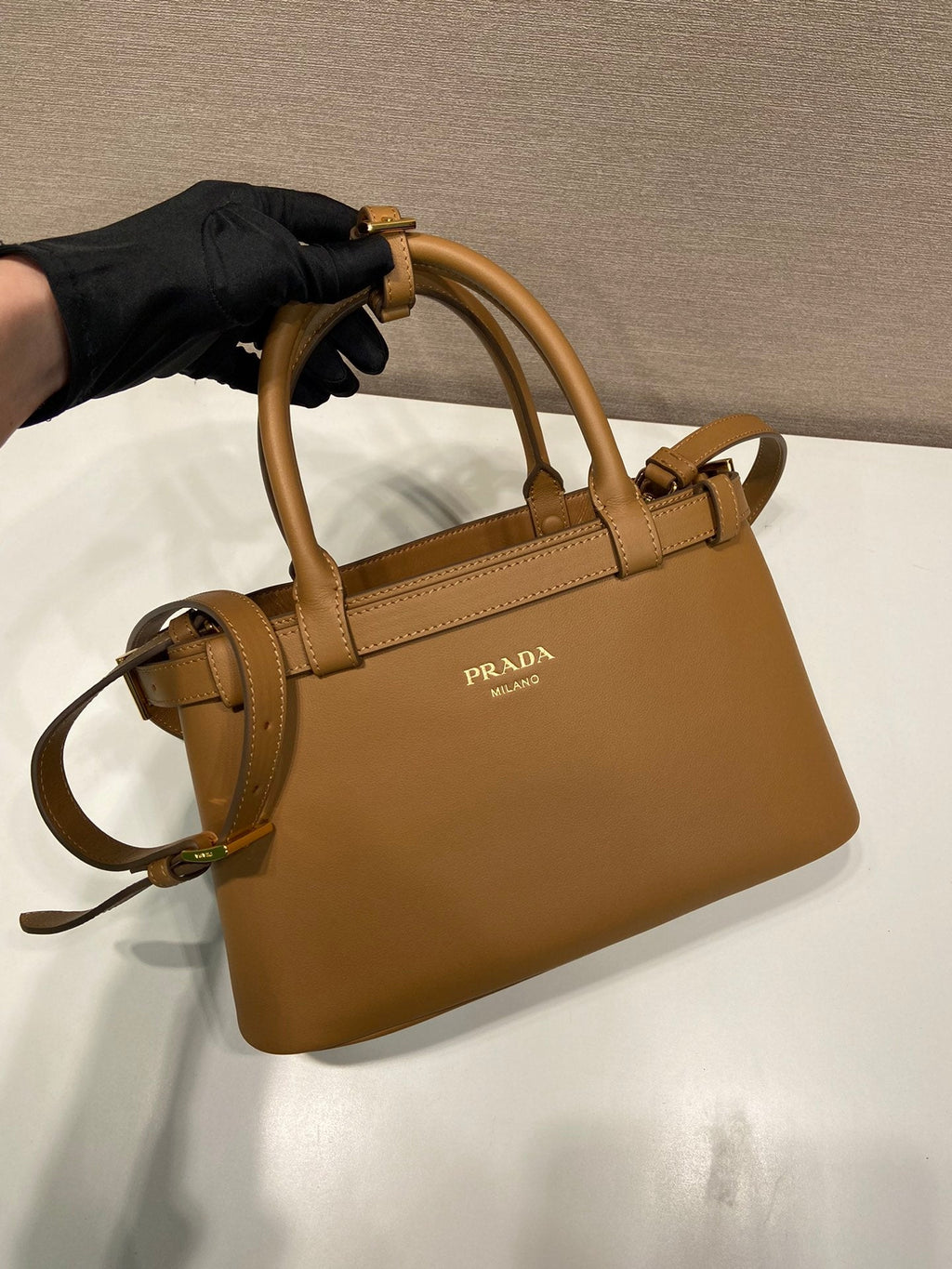 ＰＲＤＡ BUCKLE SMALL LEATHER HANDBAG WITH DOUBLE BELT CARAMEL