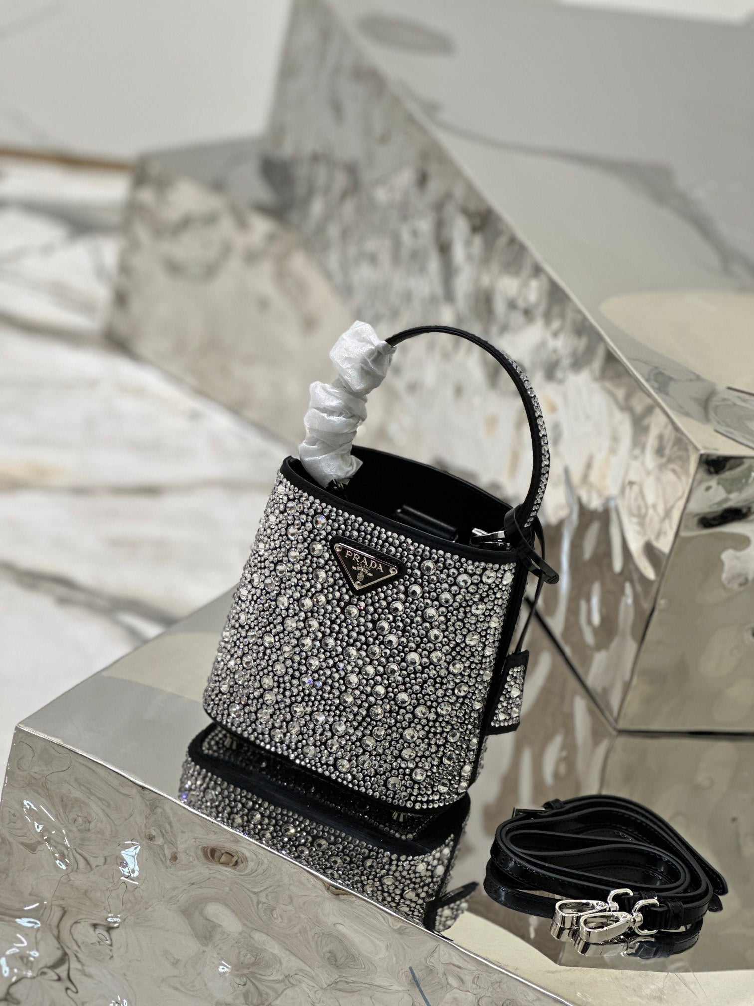 ＰＲＤＡ PANIER SATIN BAG WITH CRYSTALS