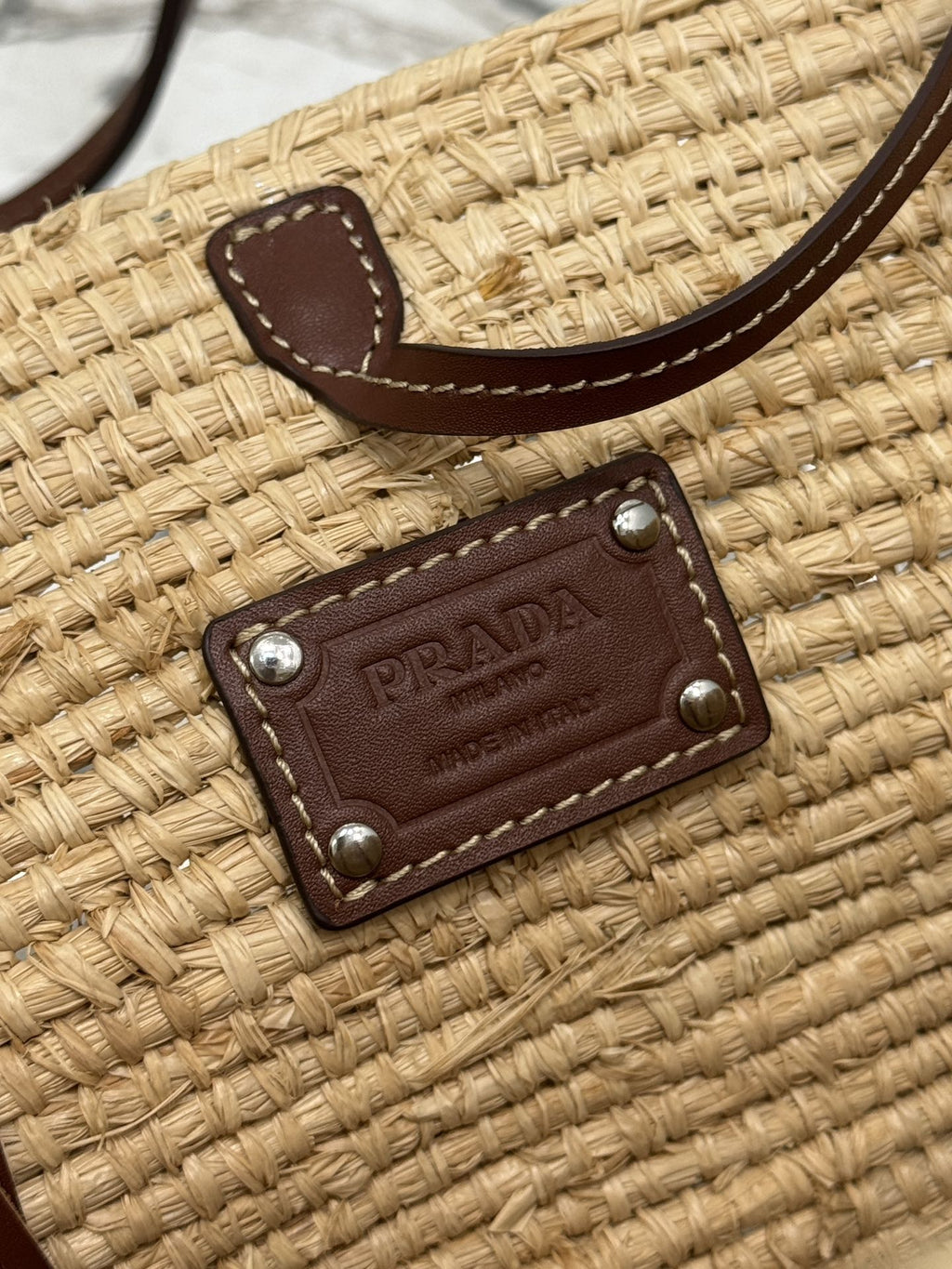 ＰＲＤＡ WOVEN PALM AND LEATHER TOTE BAG