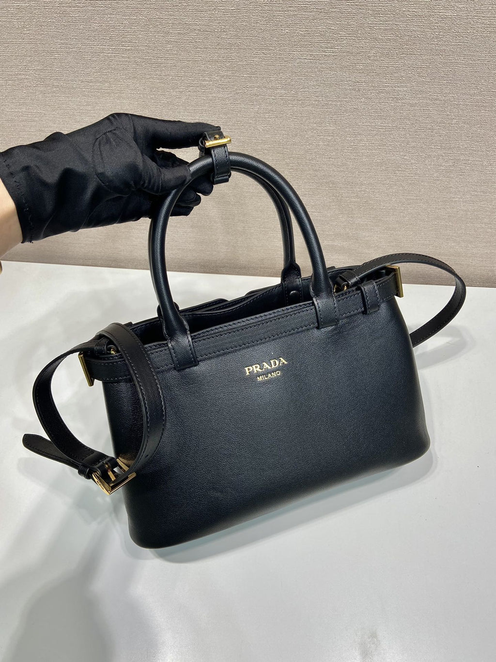 ＰＲＤＡ BUCKLE SMALL LEATHER HANDBAG WITH DOUBLE BELT BLACK