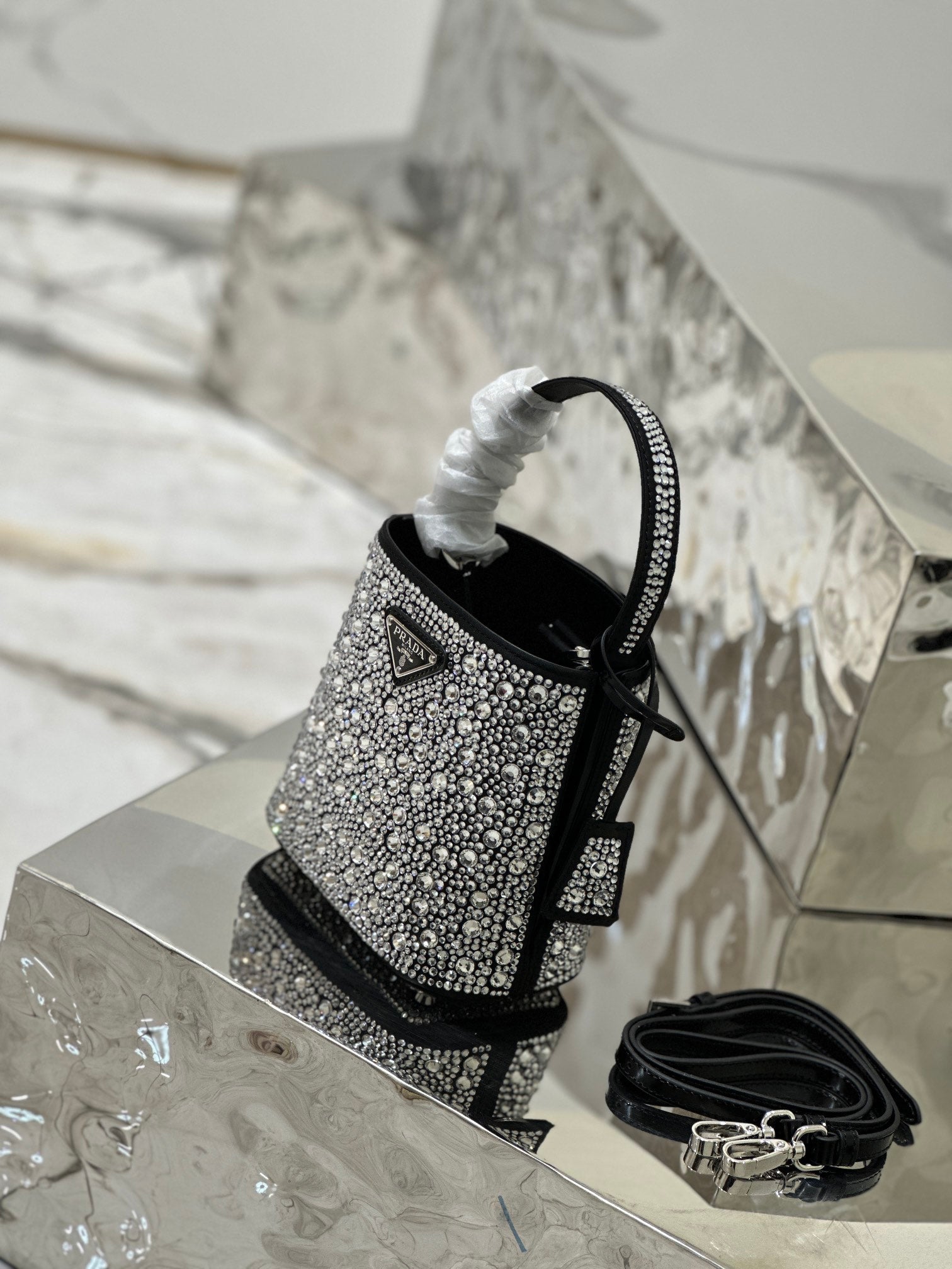 ＰＲＤＡ PANIER SATIN BAG WITH CRYSTALS