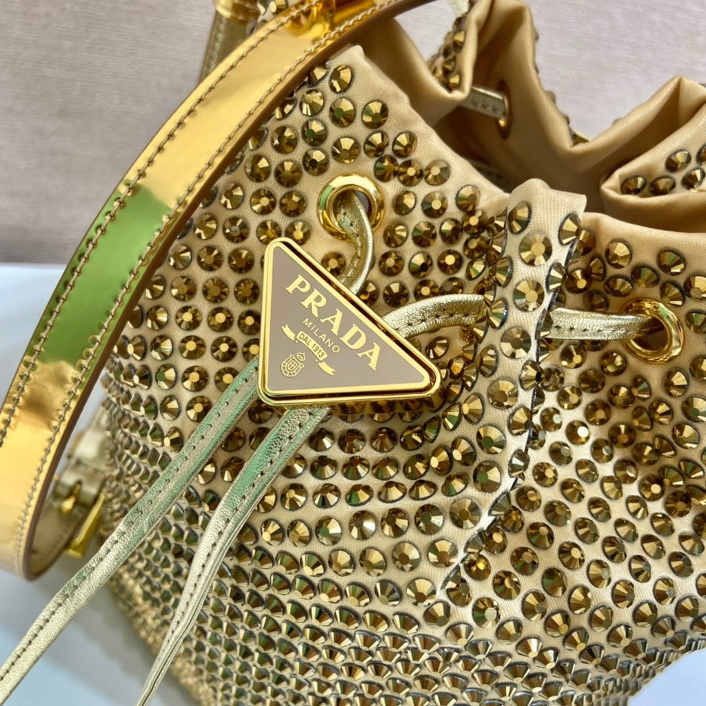 ＰＲＤＡ SATIN BAG WITH CRYSTALS GOLD