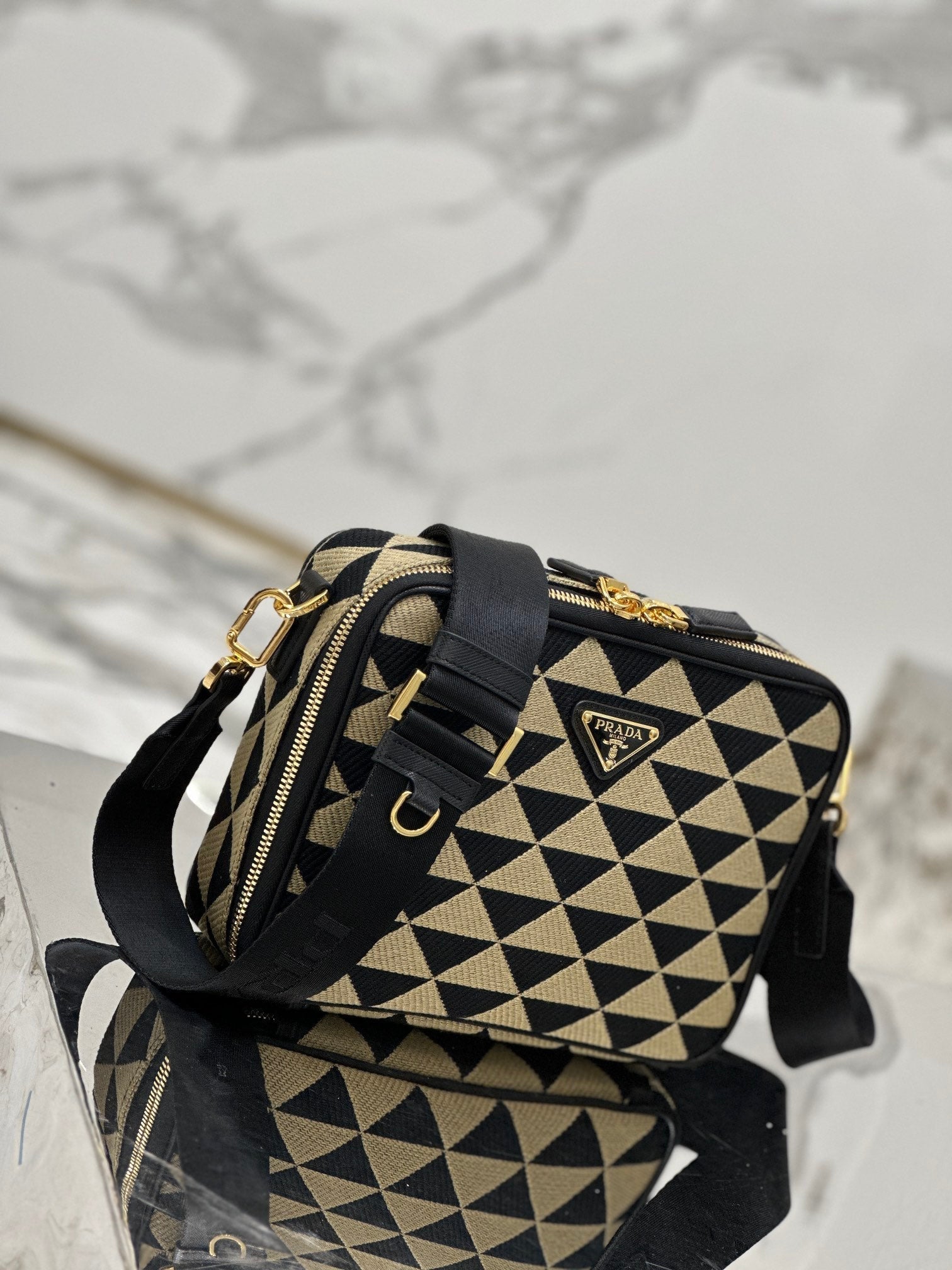 ＰＲＤＡ SYMBOLE EMBROIDERED FABRIC BAG BLACK/BEIGE
