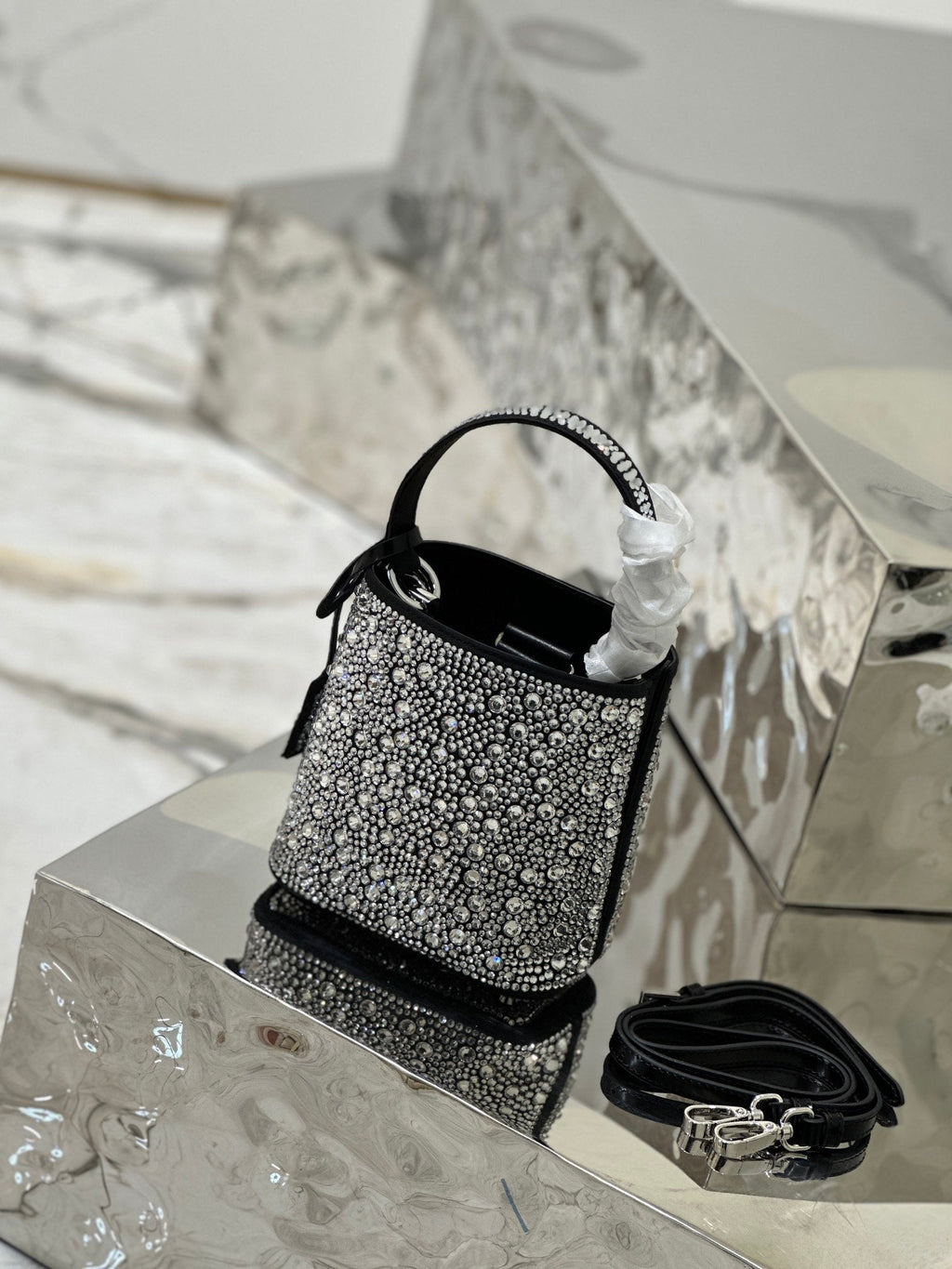 ＰＲＤＡ PANIER SATIN BAG WITH CRYSTALS