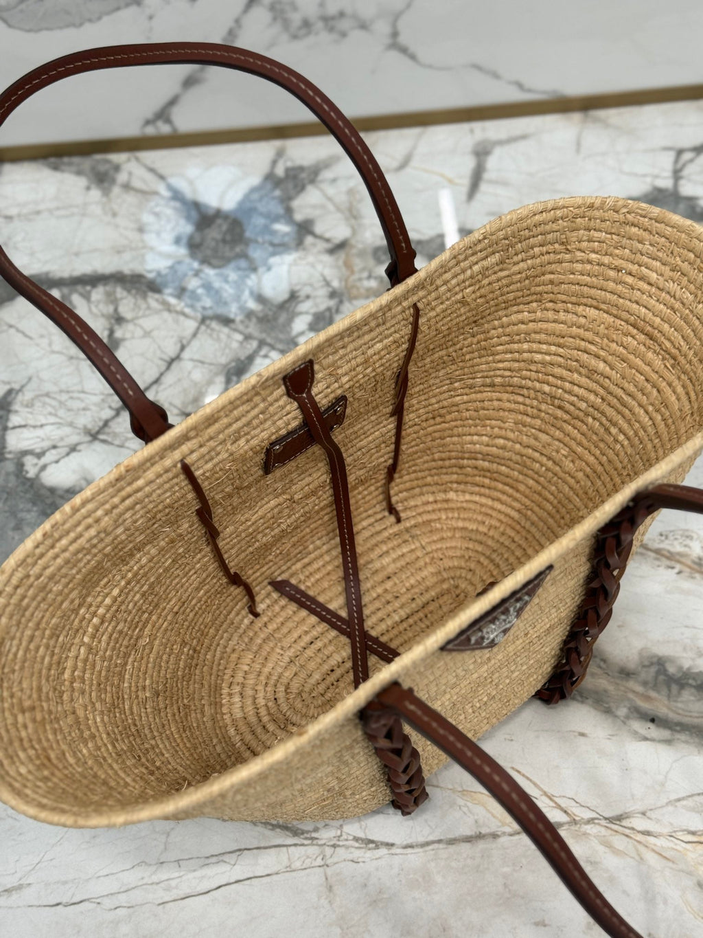ＰＲＤＡ WOVEN PALM AND LEATHER TOTE BAG