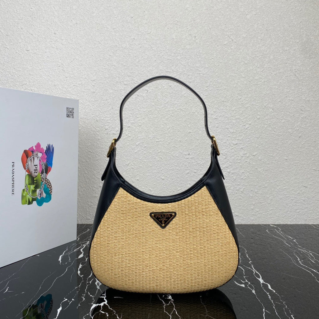 ＰＲＤＡ WOVEN TOTE WITH LEATHER ACCENTS BLACK