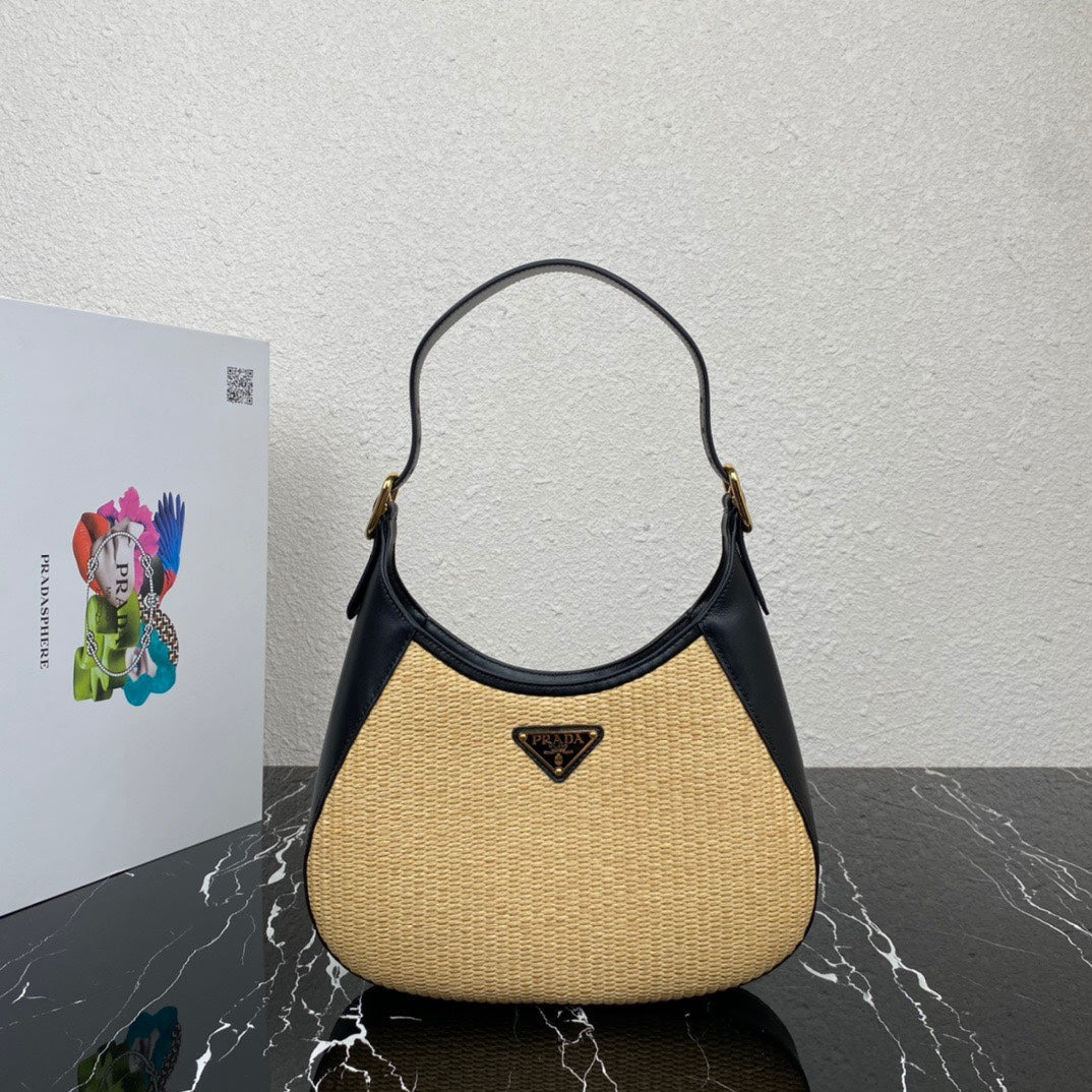 ＰＲＤＡ WOVEN TOTE WITH LEATHER ACCENTS BLACK