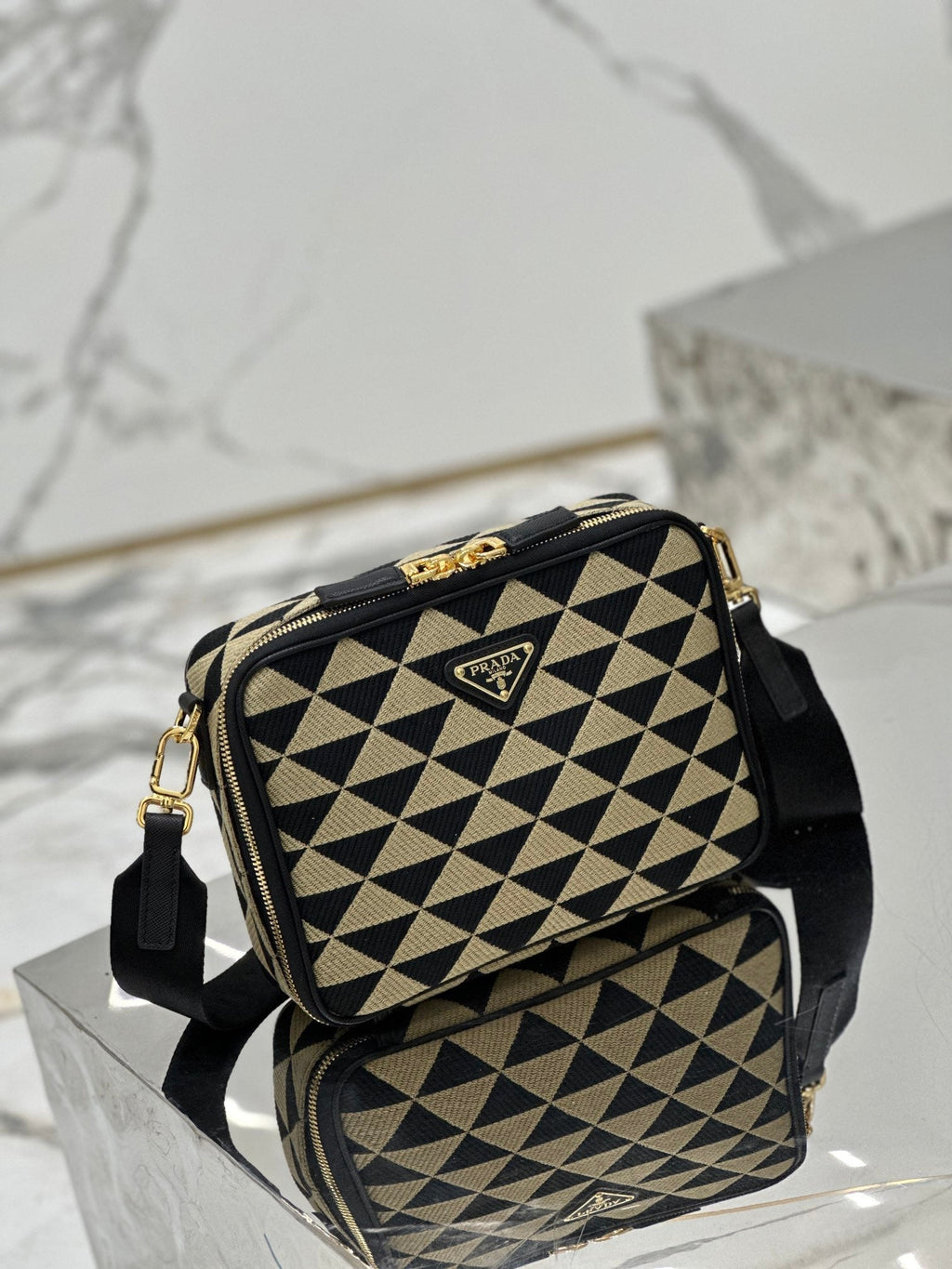 ＰＲＤＡ SYMBOLE EMBROIDERED FABRIC BAG BLACK/BEIGE