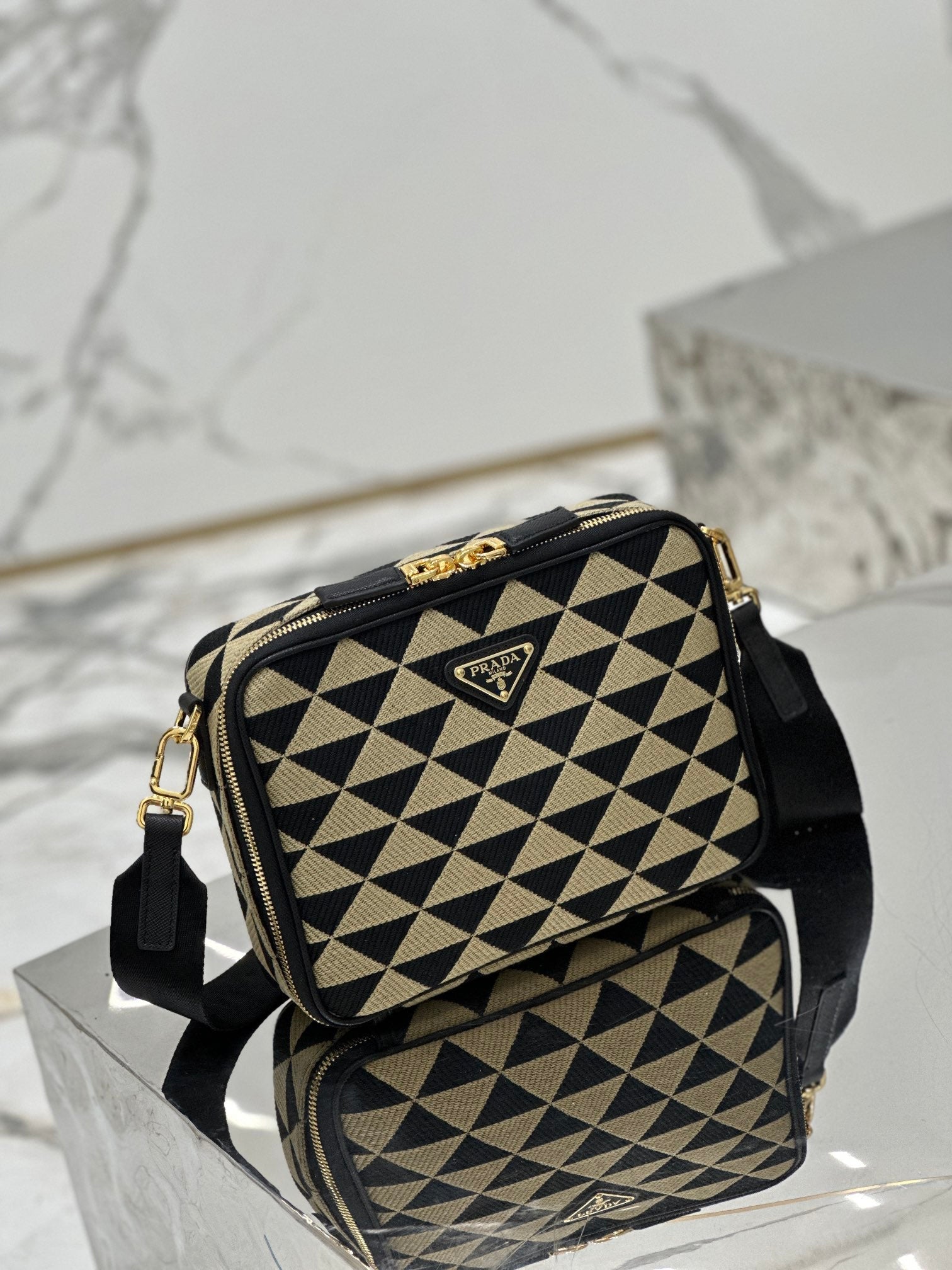 ＰＲＤＡ SYMBOLE EMBROIDERED FABRIC BAG BLACK/BEIGE