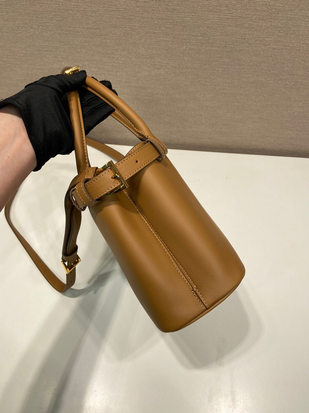 ＰＲＤＡ BUCKLE SMALL LEATHER HANDBAG WITH DOUBLE BELT CARAMEL