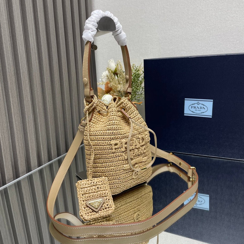 ＰＲＤＡ CROCHET AND LEATHER MINI-BUCKET BAG