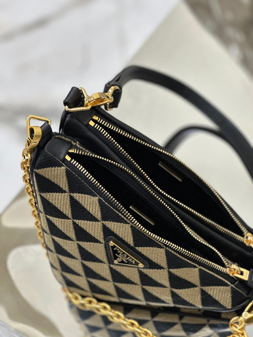 ＰＲＤＡ TRIANGLE-LOGO LEATHER AND JACQUARD SHOULDER BAG BEGIE