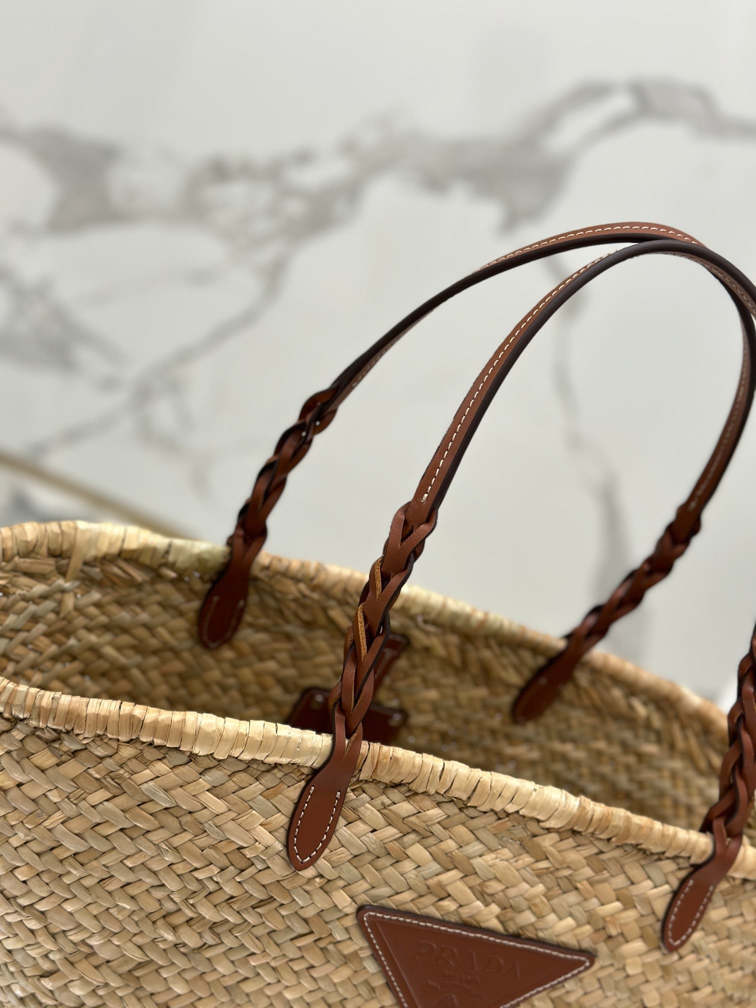 ＰＲＤＡ WOVEN PALM AND LEATHER TOTE BAG