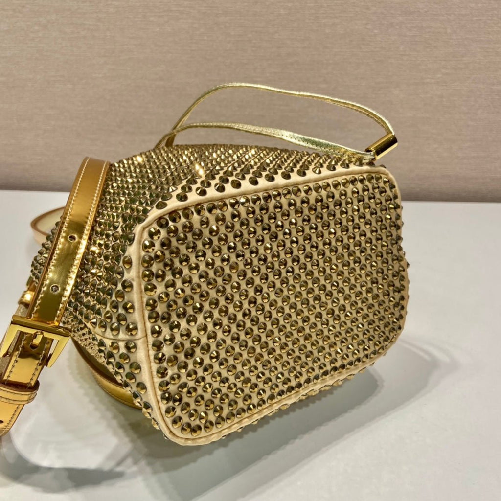 ＰＲＤＡ SATIN BAG WITH CRYSTALS GOLD