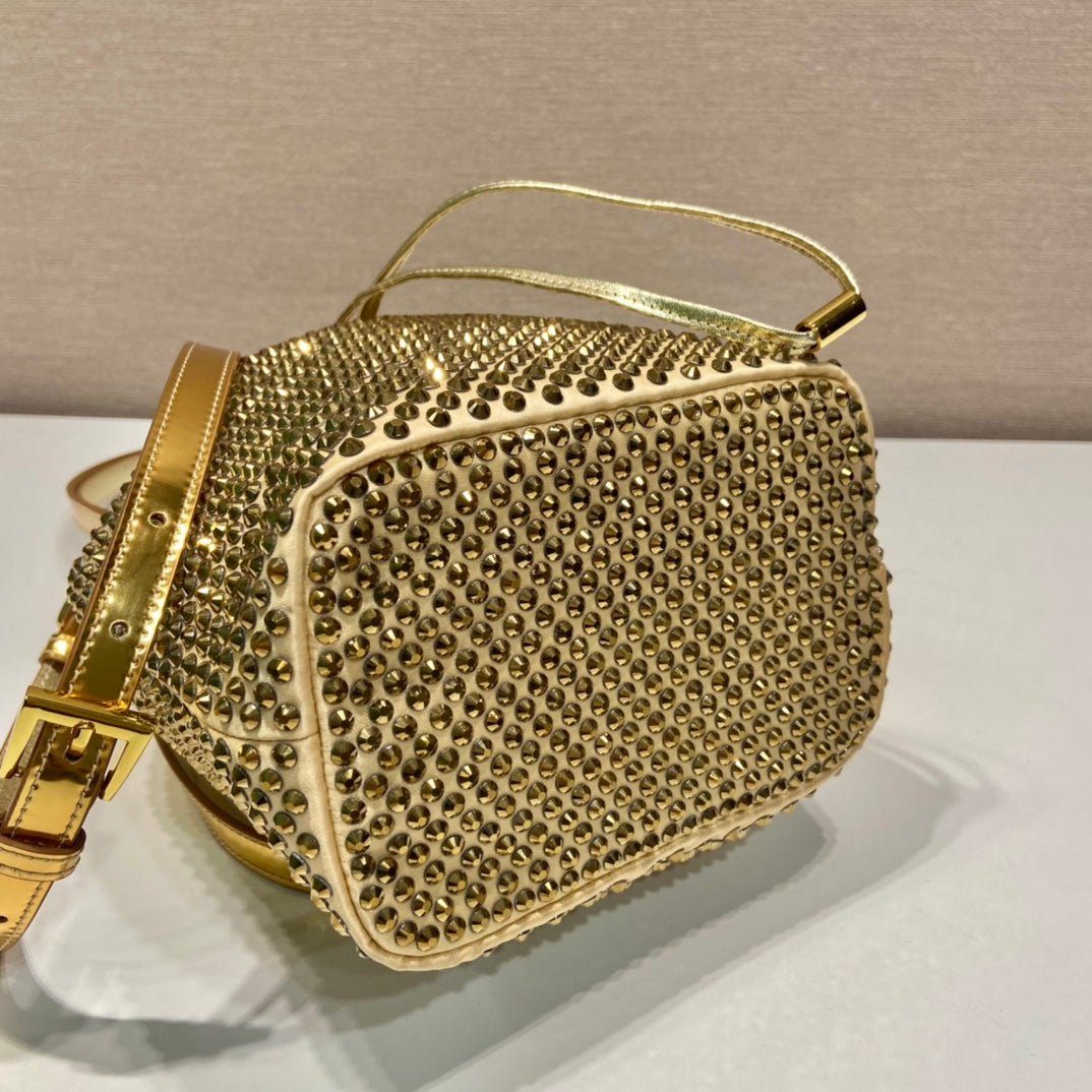 ＰＲＤＡ SATIN BAG WITH CRYSTALS GOLD