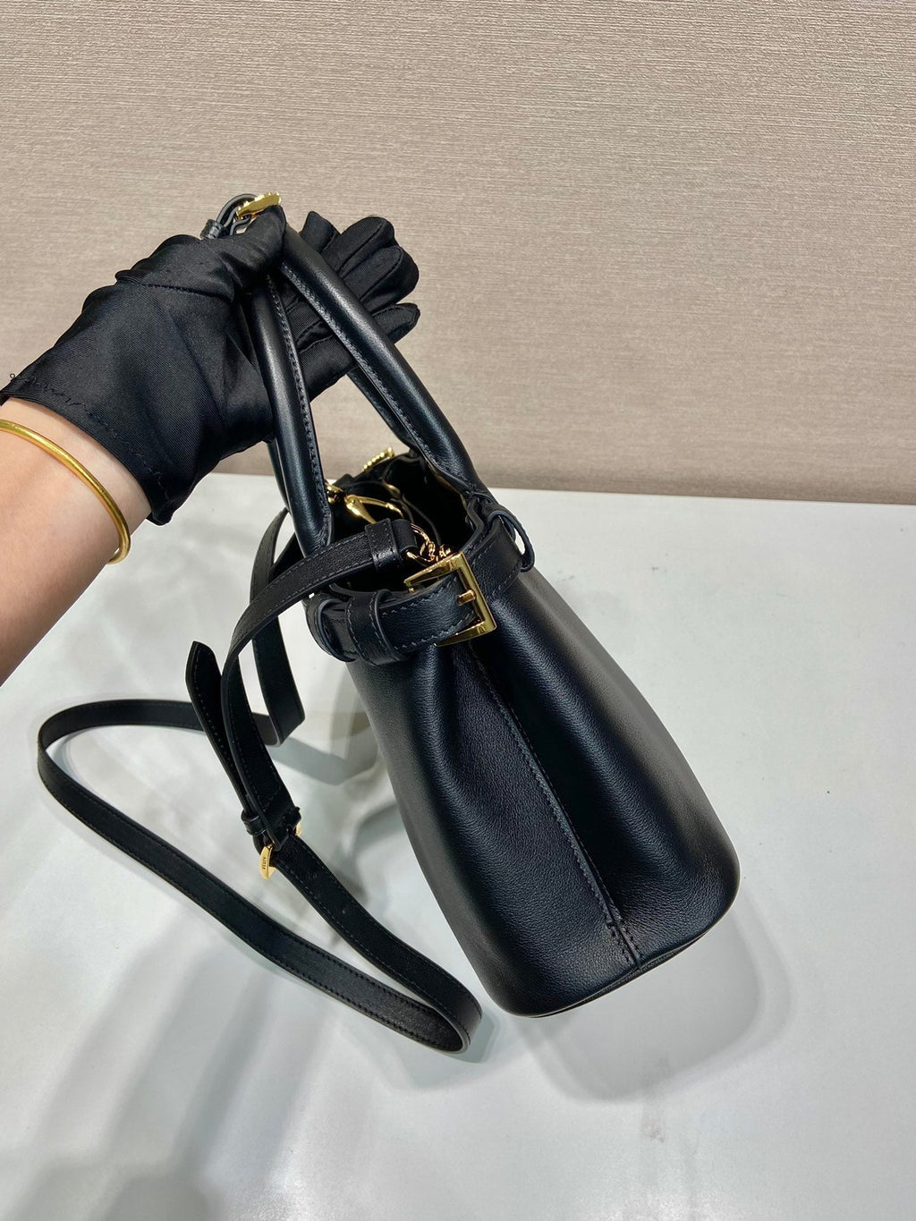 ＰＲＤＡ BUCKLE SMALL LEATHER HANDBAG WITH DOUBLE BELT BLACK
