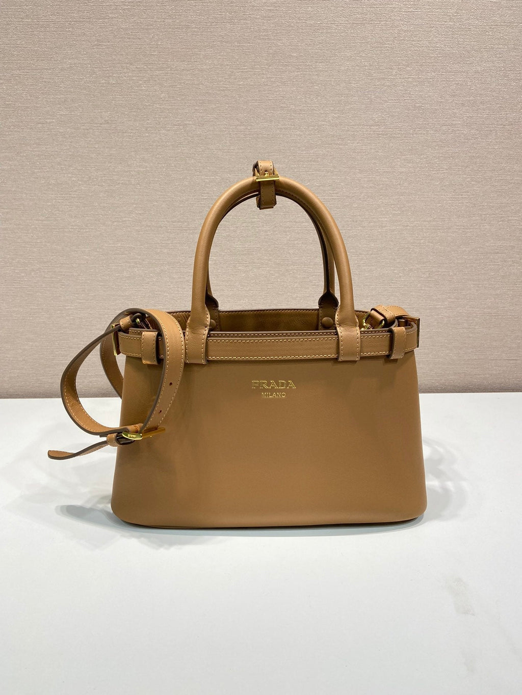 ＰＲＤＡ BUCKLE SMALL LEATHER HANDBAG WITH DOUBLE BELT CARAMEL
