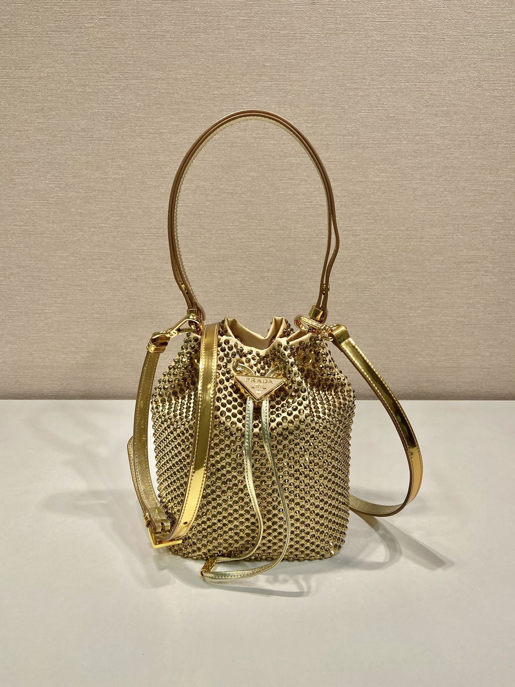 ＰＲＤＡ SATIN BAG WITH CRYSTALS GOLD