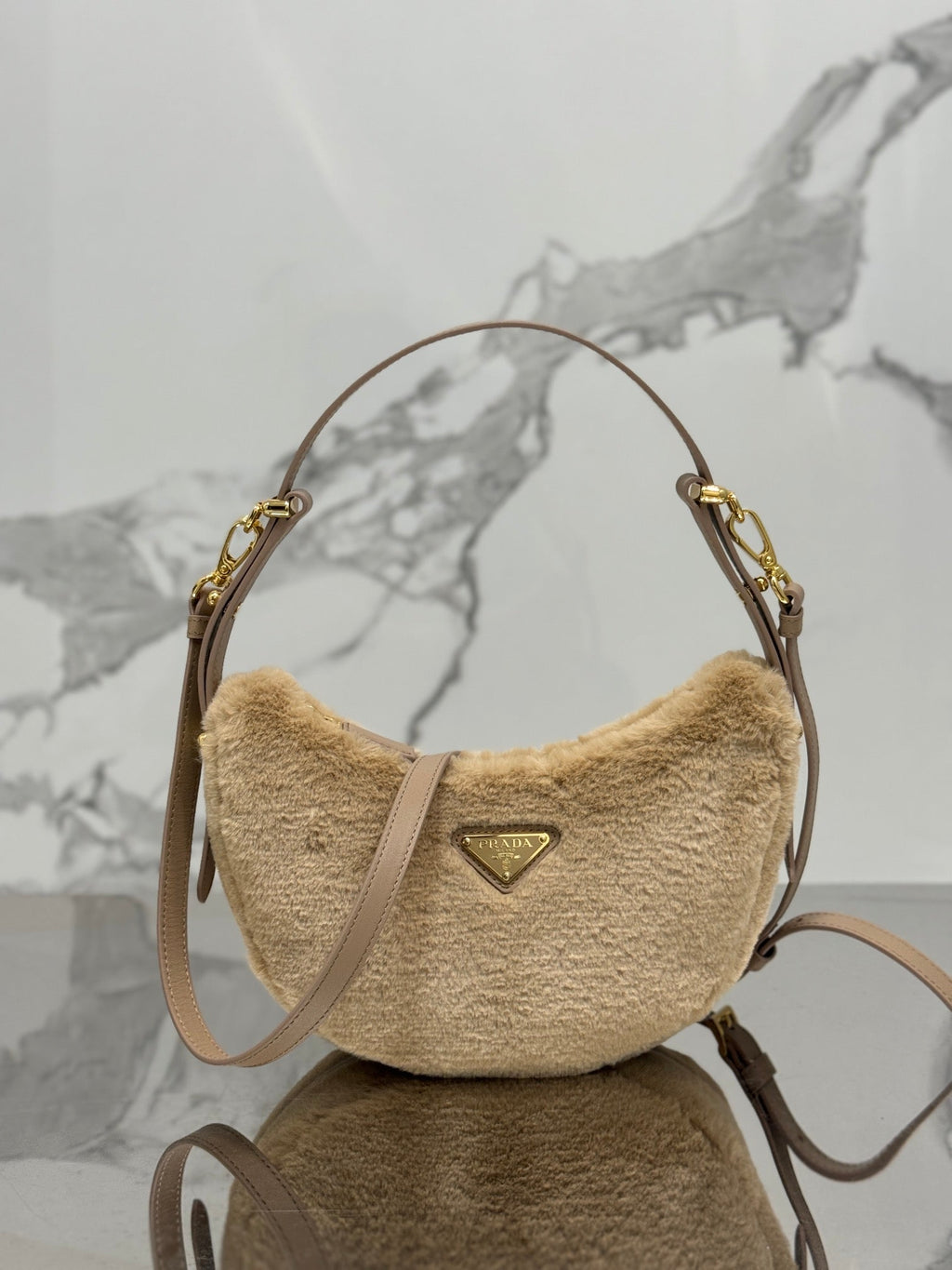 ＰＲＤＡ ARQUÉ SHEARLING AND LEATHER SHOULDER BAG