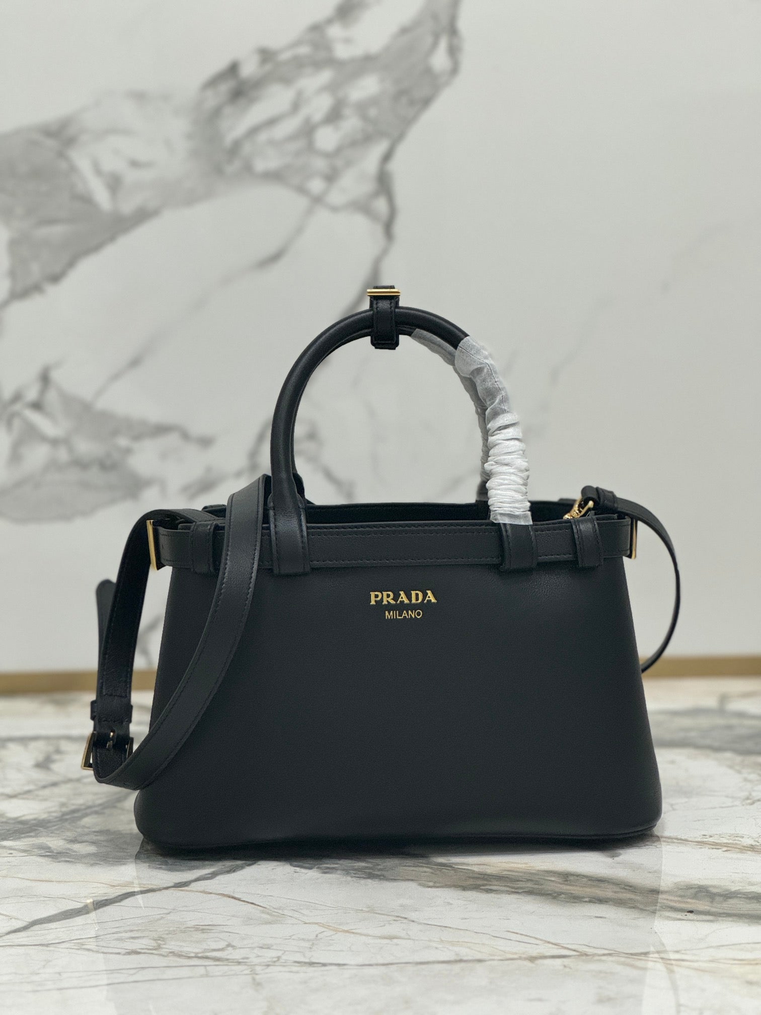 ＰＲＤＡ BUCKLE LEATHER HANDBAG WITH DOUBLE BELT