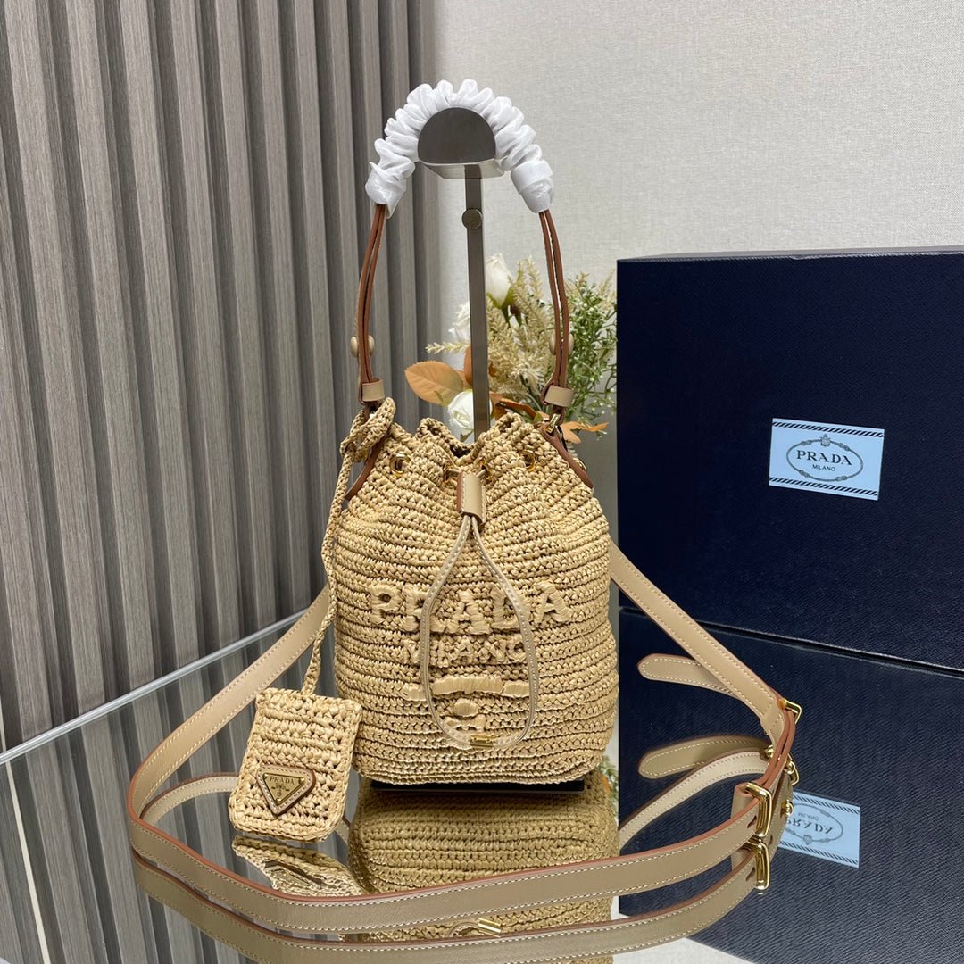 ＰＲＤＡ CROCHET AND LEATHER MINI-BUCKET BAG