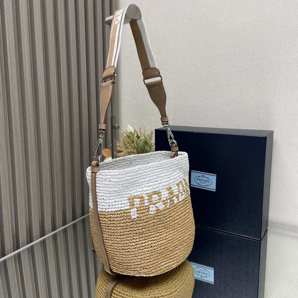 ＰＲＤＡ CROCHET AND LEATHER MINI-BUCKET BAG
