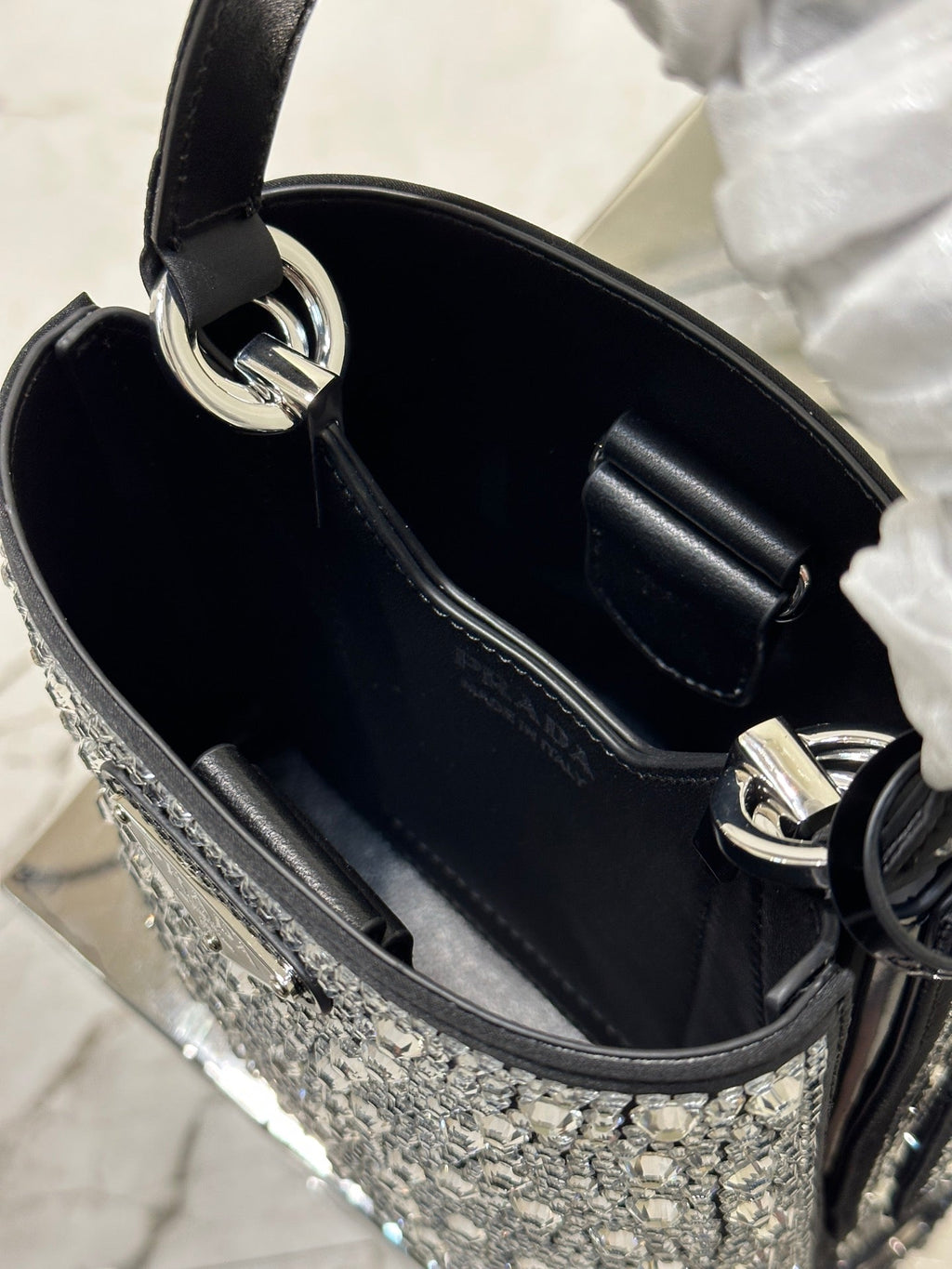 ＰＲＤＡ PANIER SATIN BAG WITH CRYSTALS