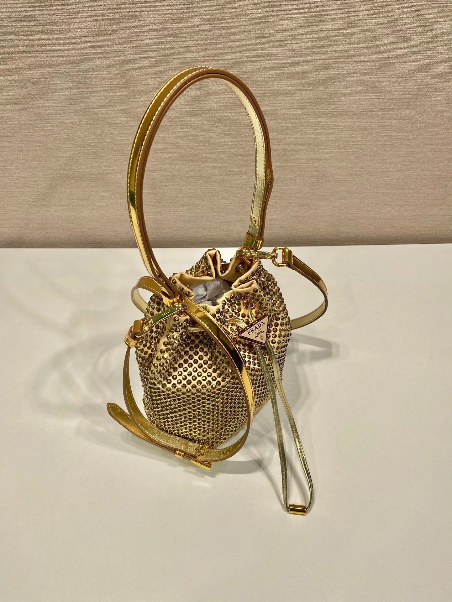 ＰＲＤＡ SATIN BAG WITH CRYSTALS GOLD