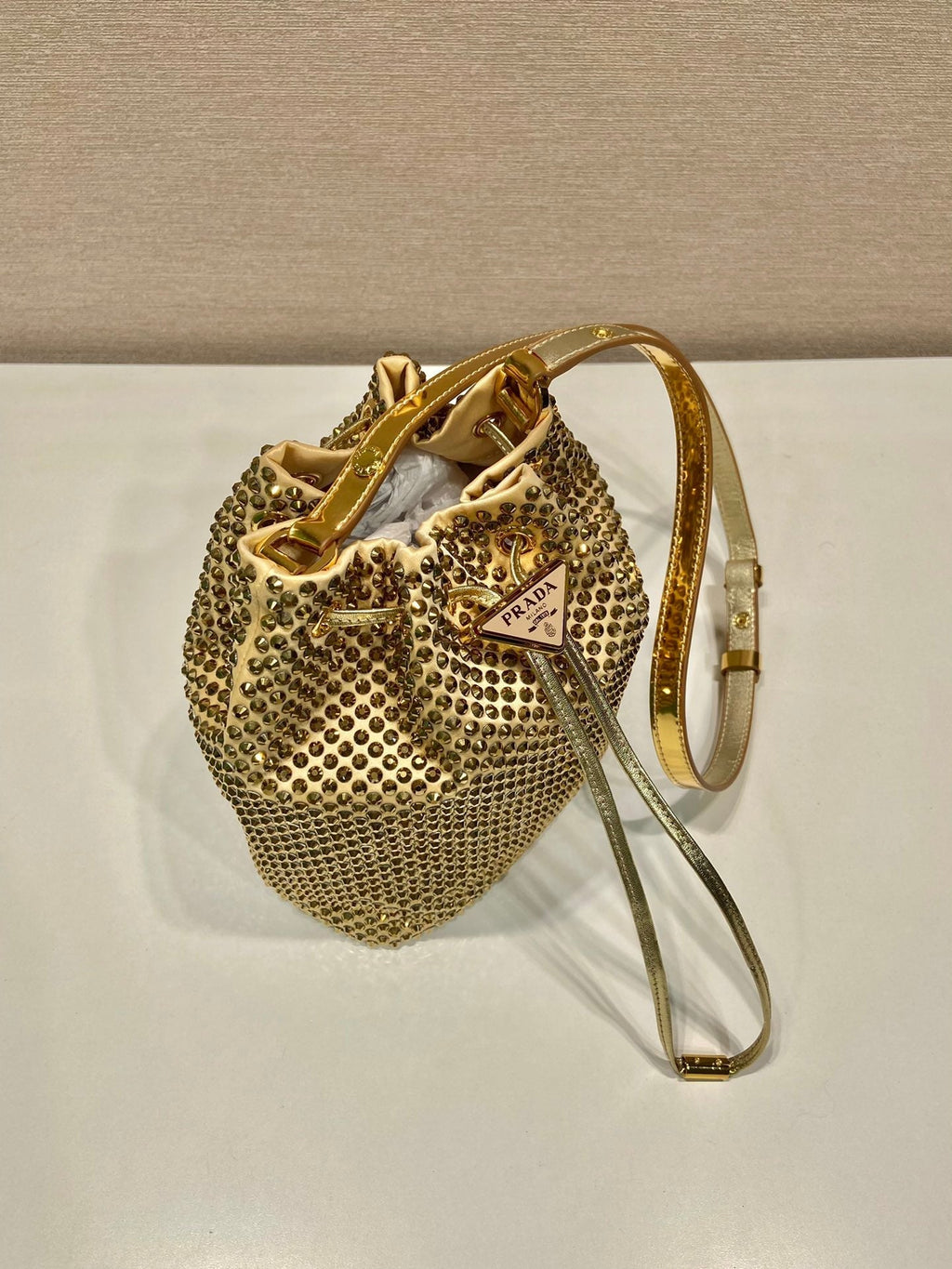 ＰＲＤＡ SATIN BAG WITH CRYSTALS GOLD
