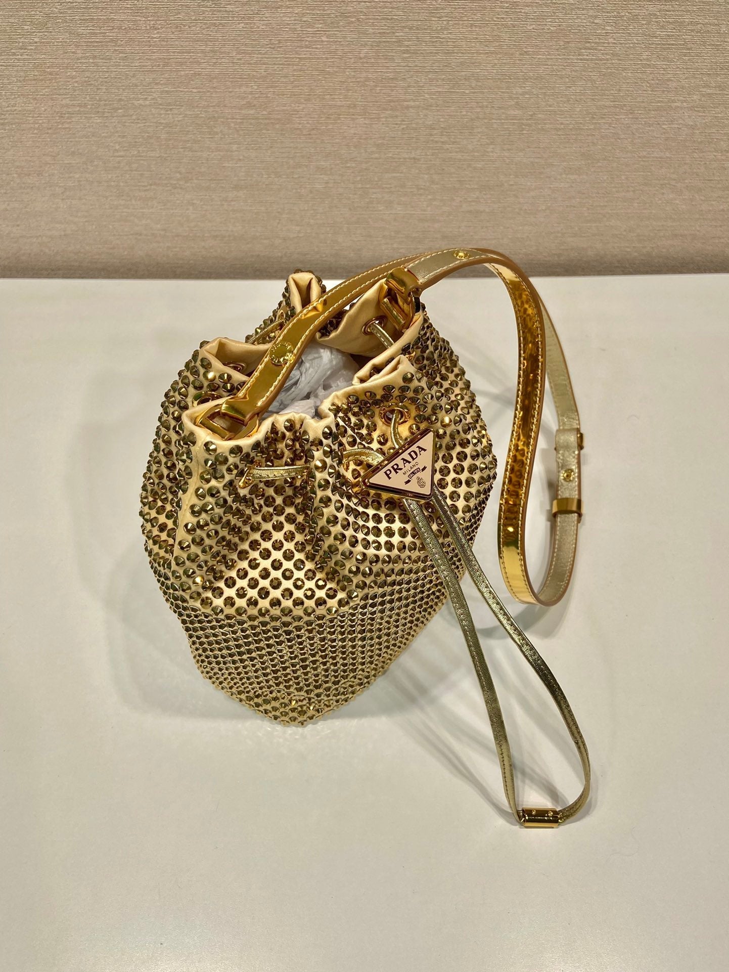 ＰＲＤＡ SATIN BAG WITH CRYSTALS GOLD
