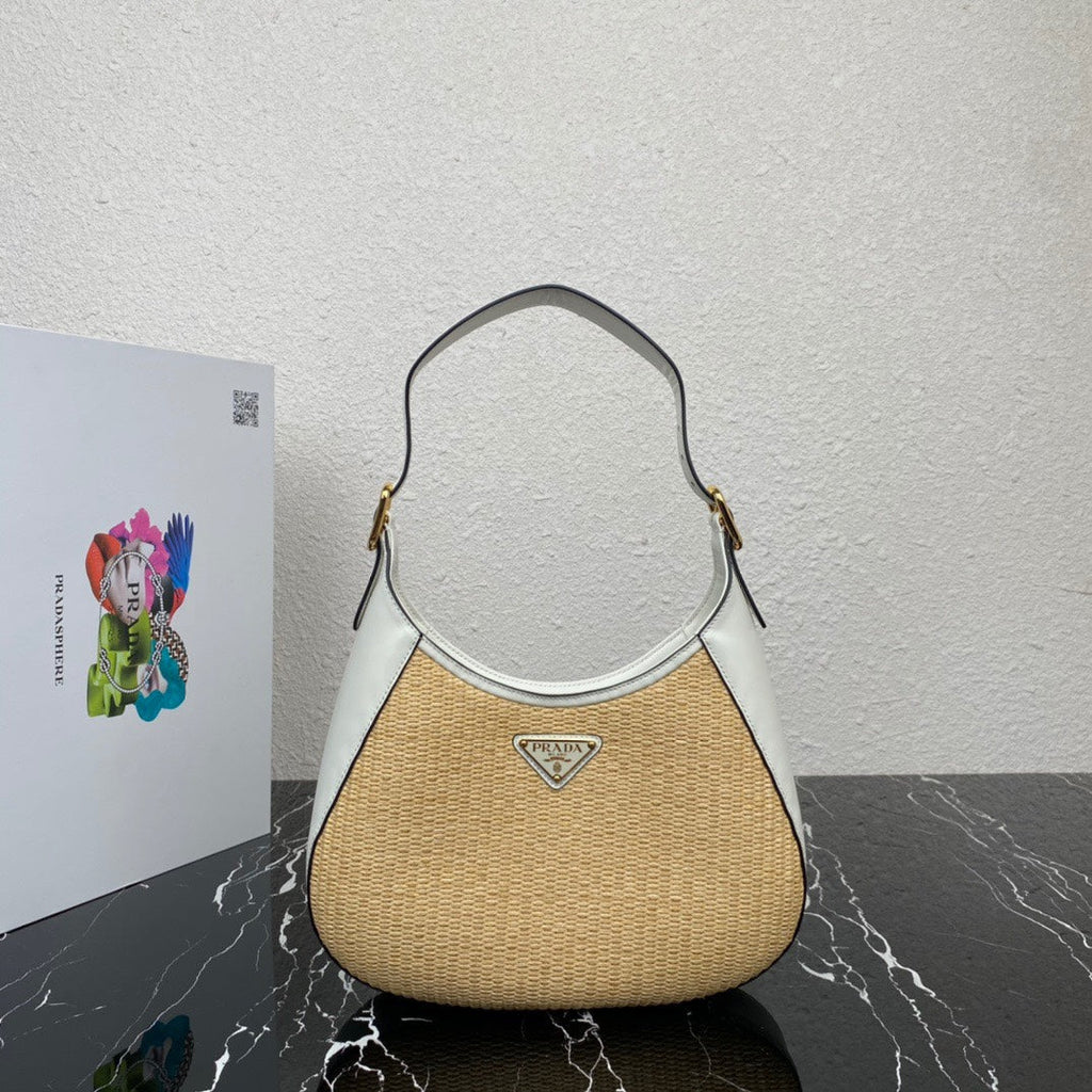 ＰＲＤＡ WOVEN TOTE WITH LEATHER ACCENTS WHITE